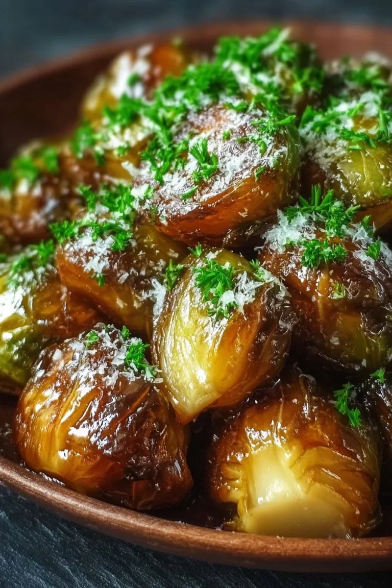 Plate of delicious balsamic Brussels sprouts garnished with herbs