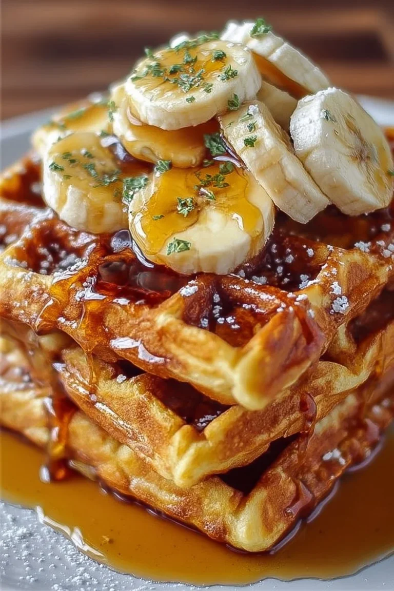 Delicious banana bread waffles served on a plate with syrup and banana slices