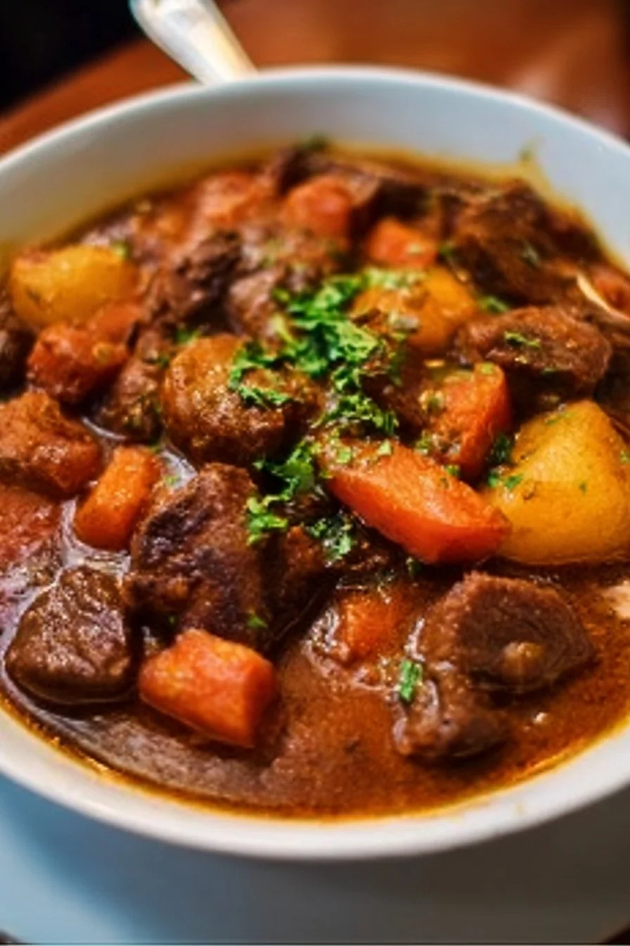 Bowl of delicious beef stew with vegetables and herbs