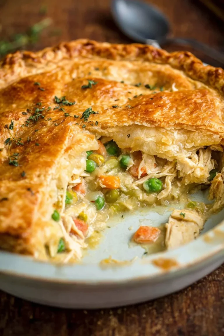 Delicious homemade chicken pot pie with vegetables in a flaky crust