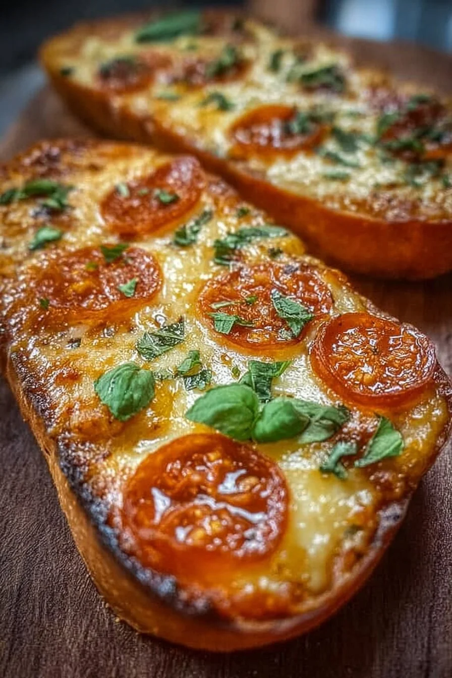 Homemade delicious French bread pizza topped with cheese and vegetables.