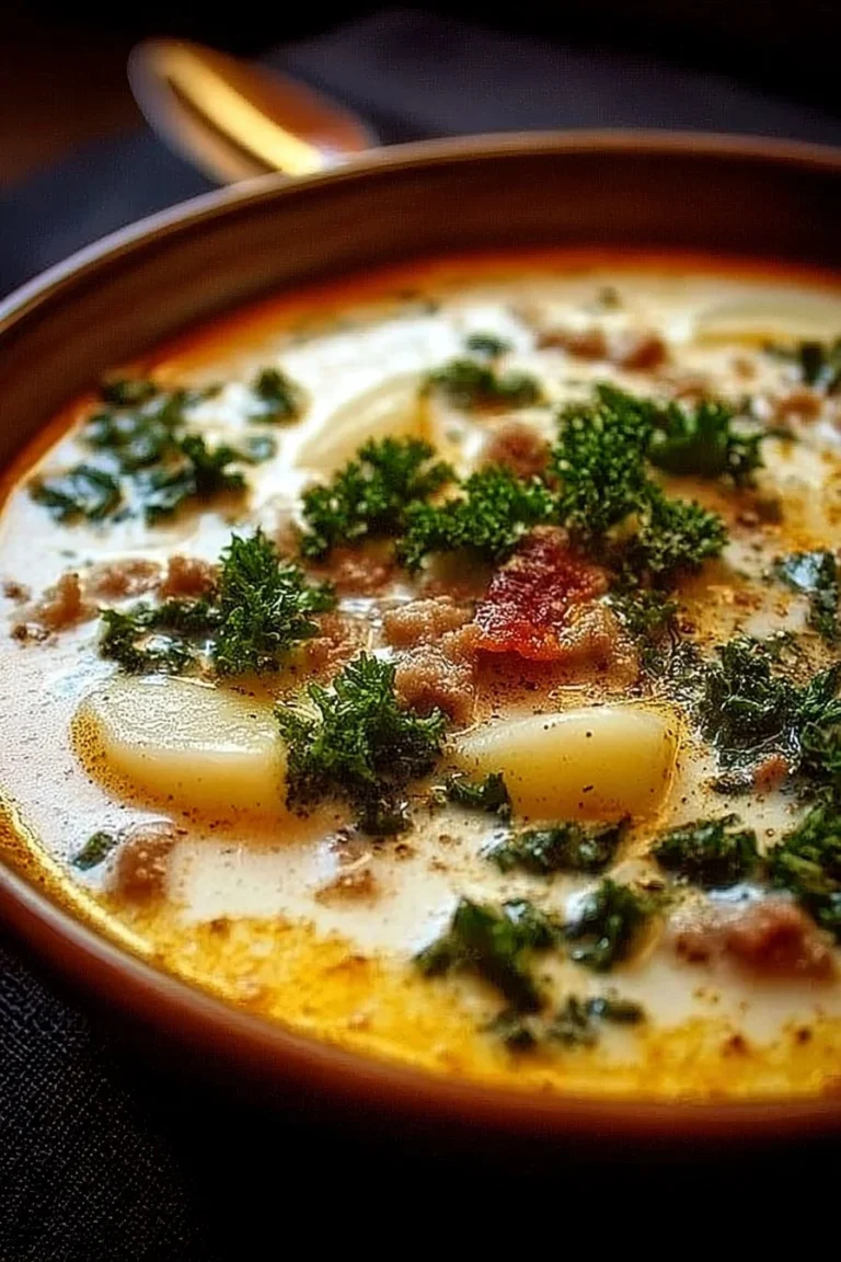 Bowl of Olive Garden Zuppa Toscana soup garnished with fresh ingredients