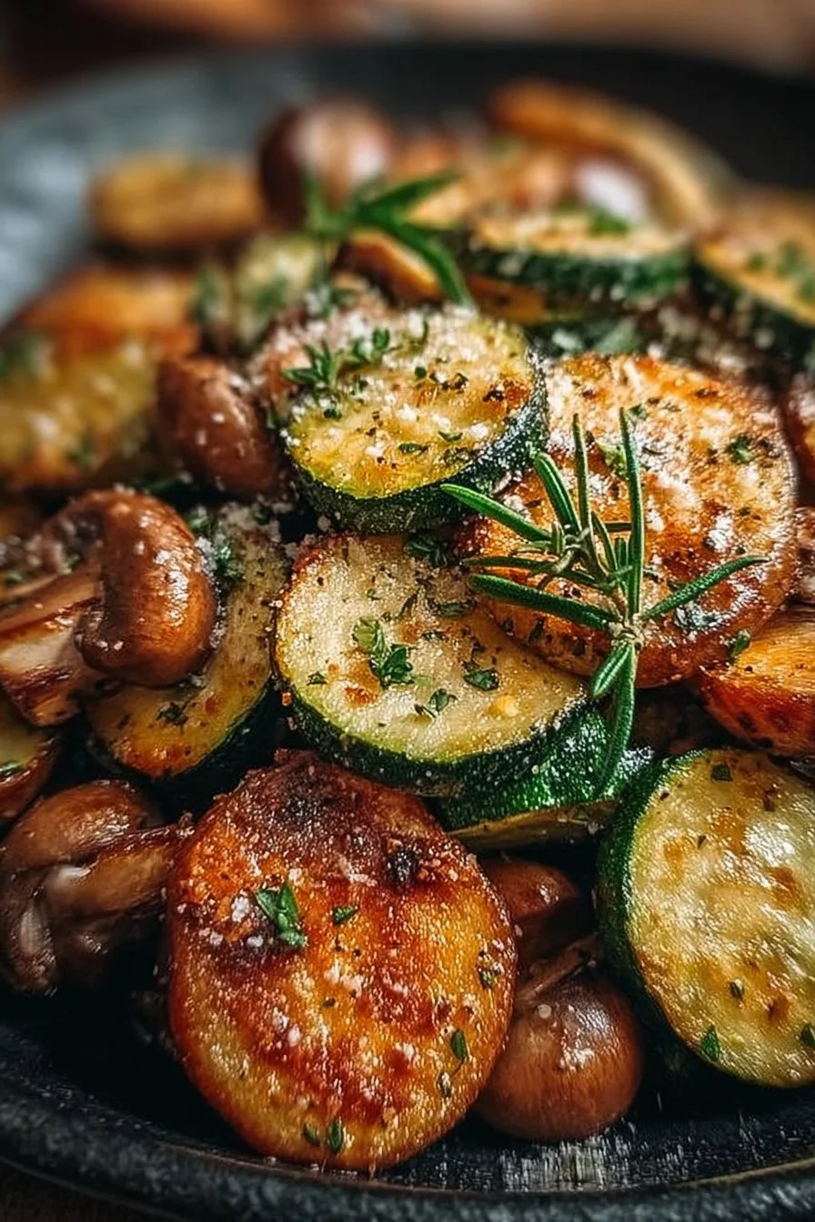 Delicious pan-fried zucchini and mushrooms served on a plate