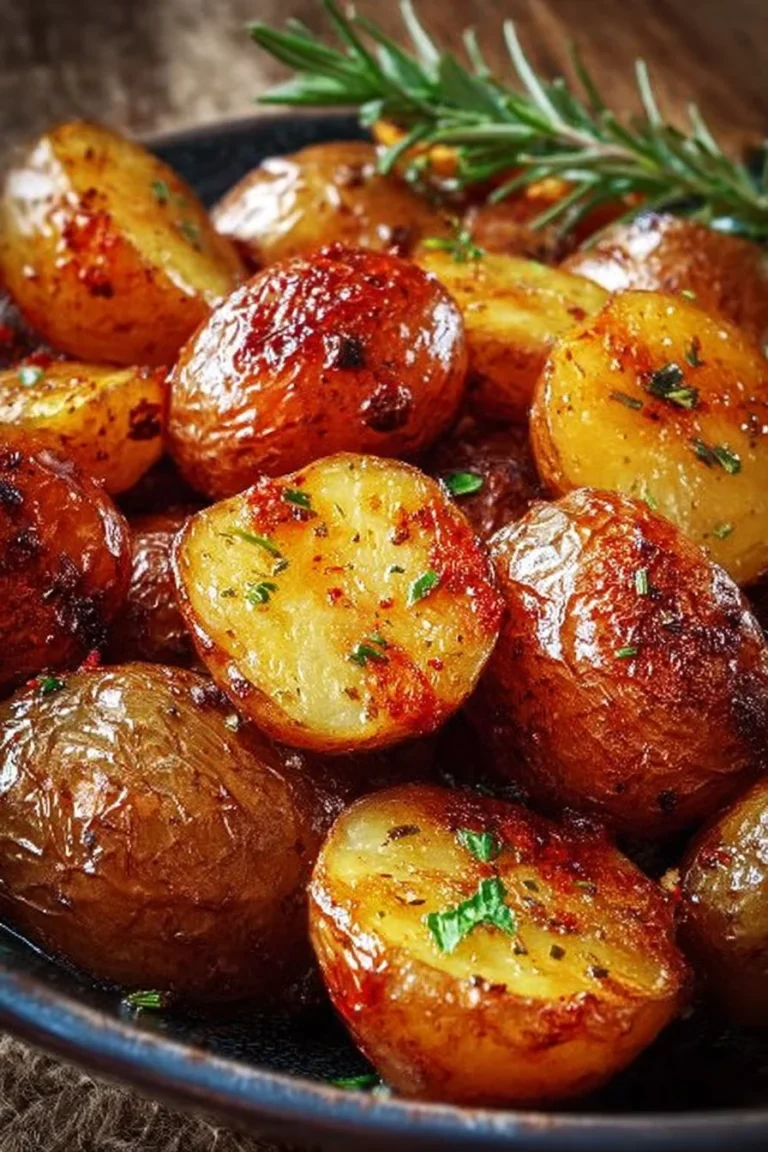 Bowl of delicious red roasted potatoes garnished with herbs