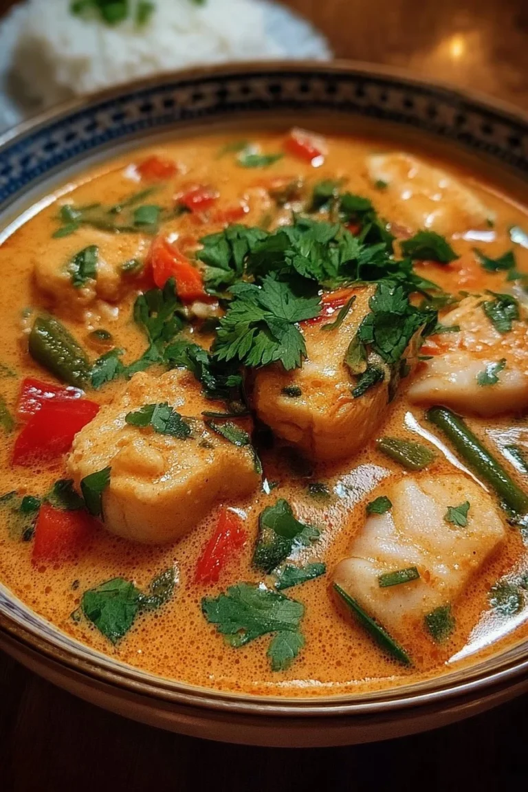 Delicious Thai curry coconut fish stew garnished with fresh herbs and lime.