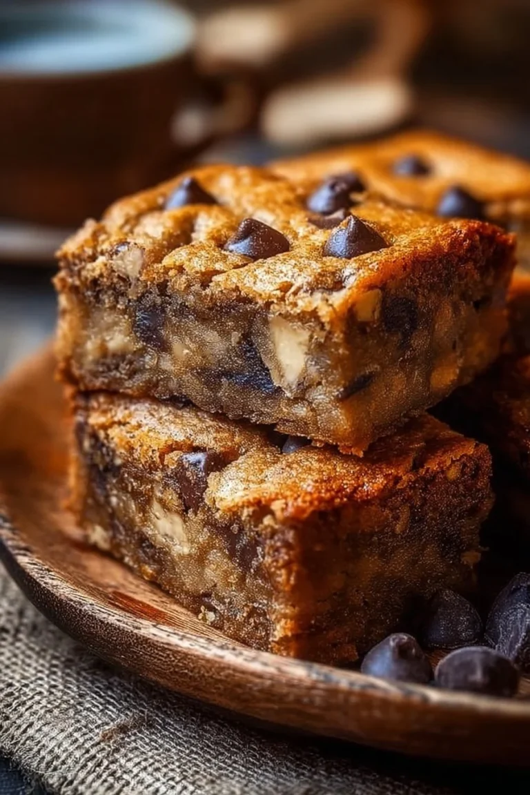 Deliciously baked banana chocolate chip bars on a wooden table