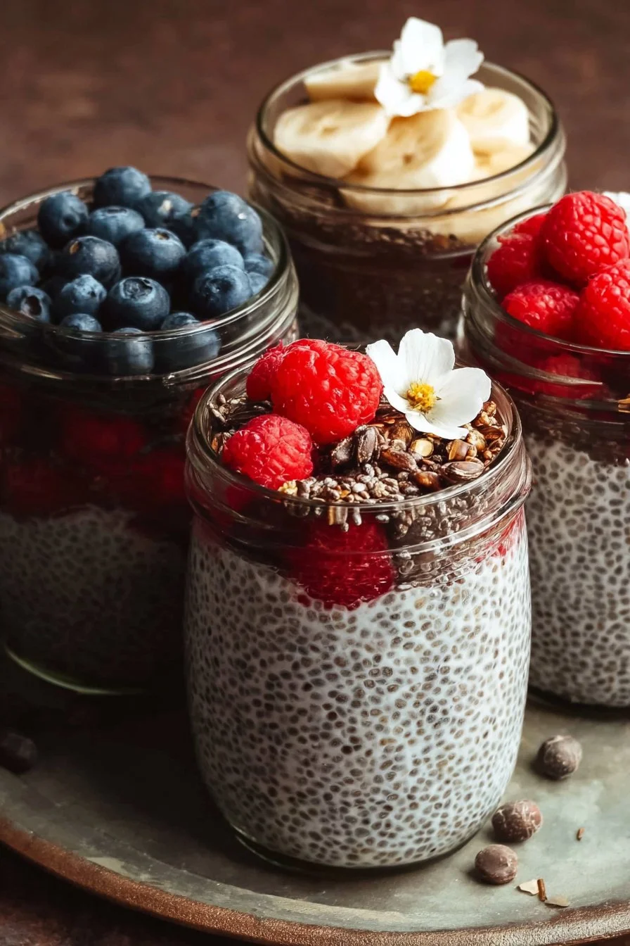 Bowl of easy chia pudding topped with fresh fruits and nuts