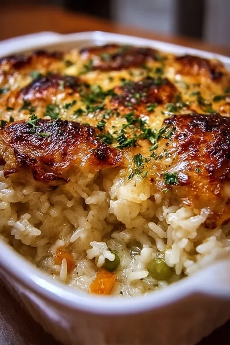 Easy chicken and rice bake topped with herbs and spices