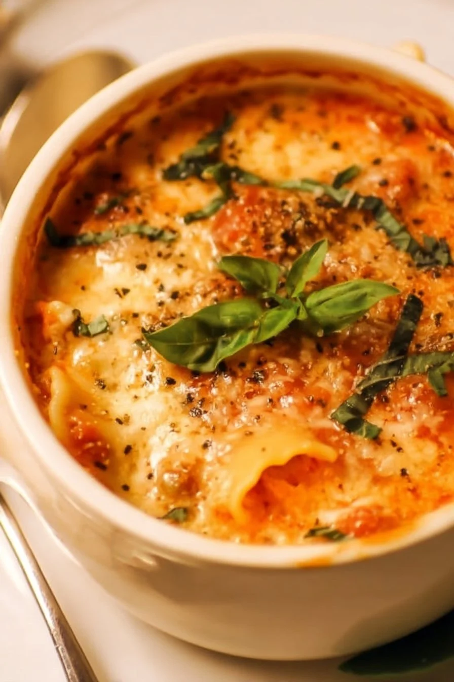 Bowl of creamy lasagna soup topped with cheese and herbs
