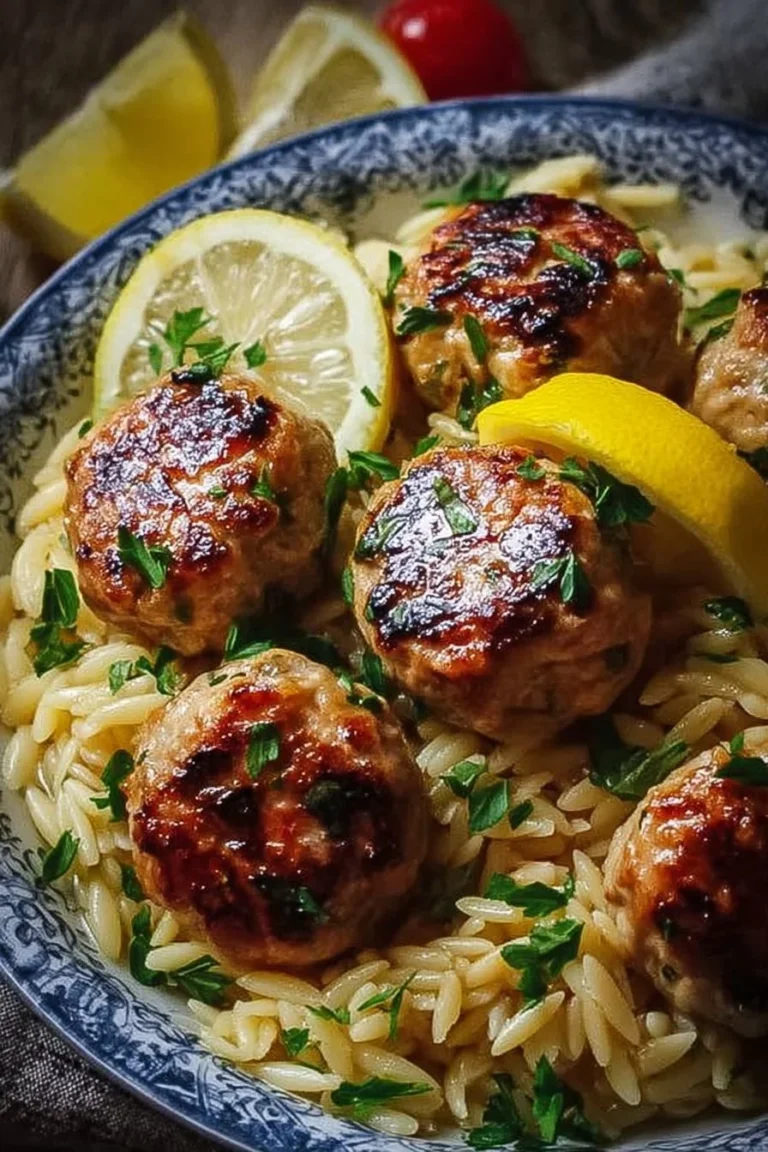 Easy Greek chicken meatballs served with lemon orzo dish on a plate