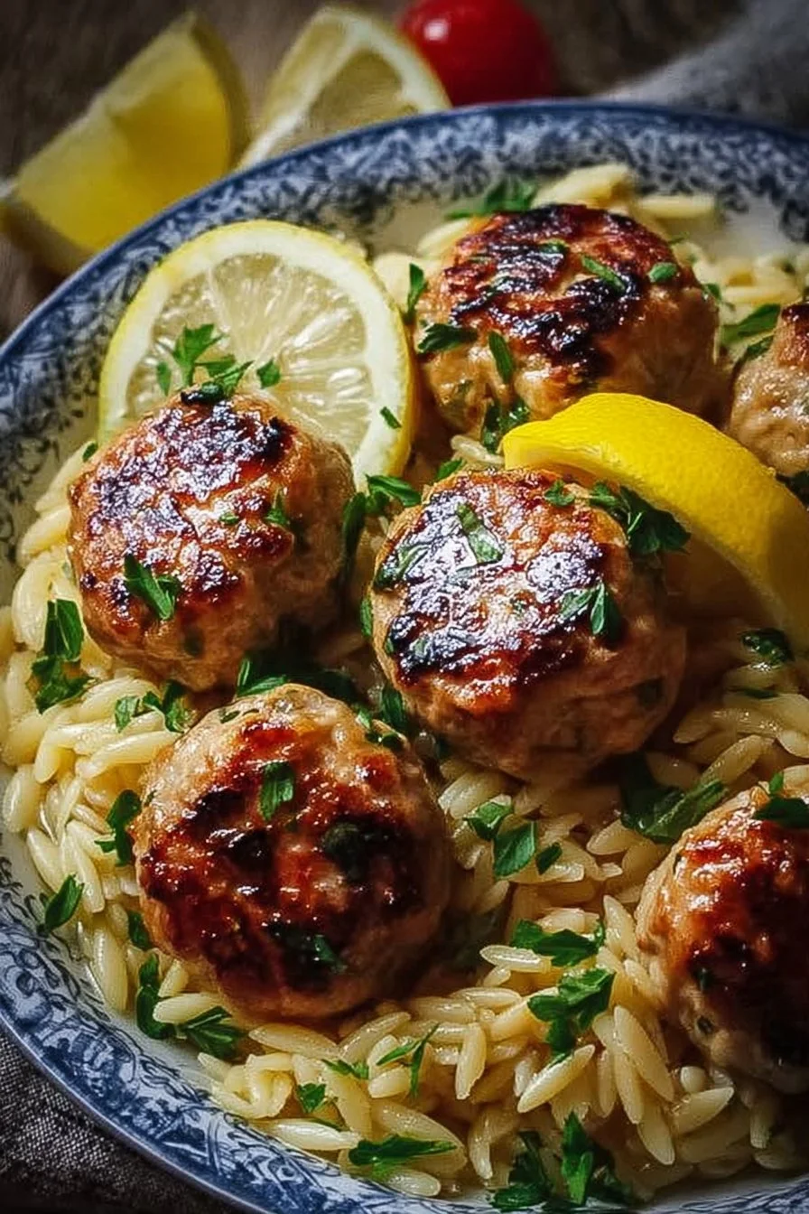 Easy Greek chicken meatballs served with lemon orzo dish on a plate
