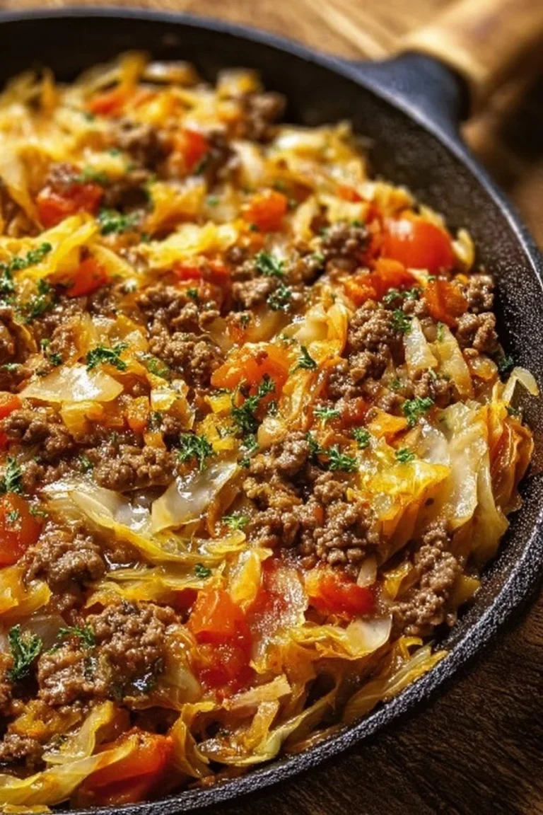 Cabbage and beef skillet dinner served in a frying pan with colorful vegetables.