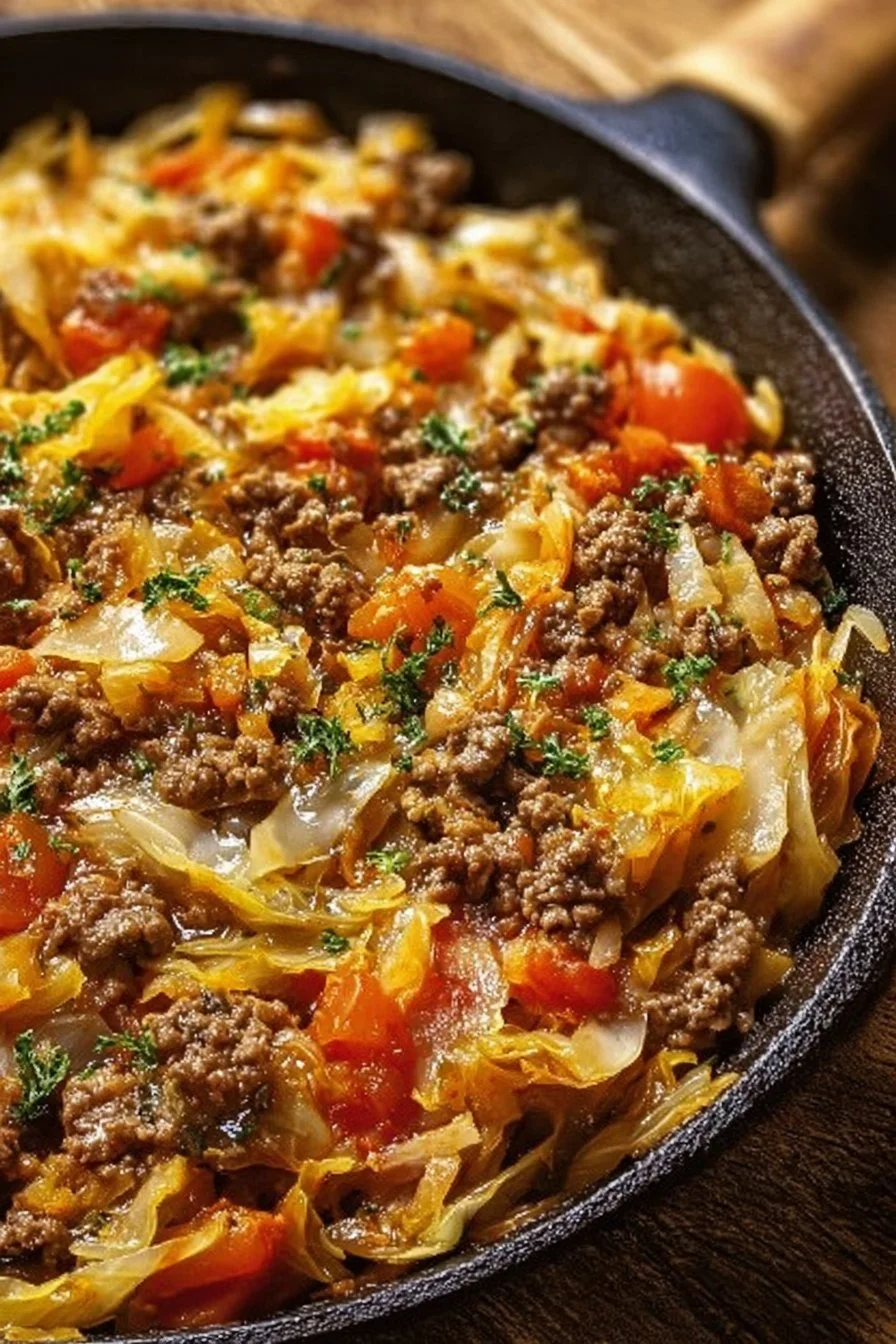 Cabbage and beef skillet dinner served in a frying pan with colorful vegetables.