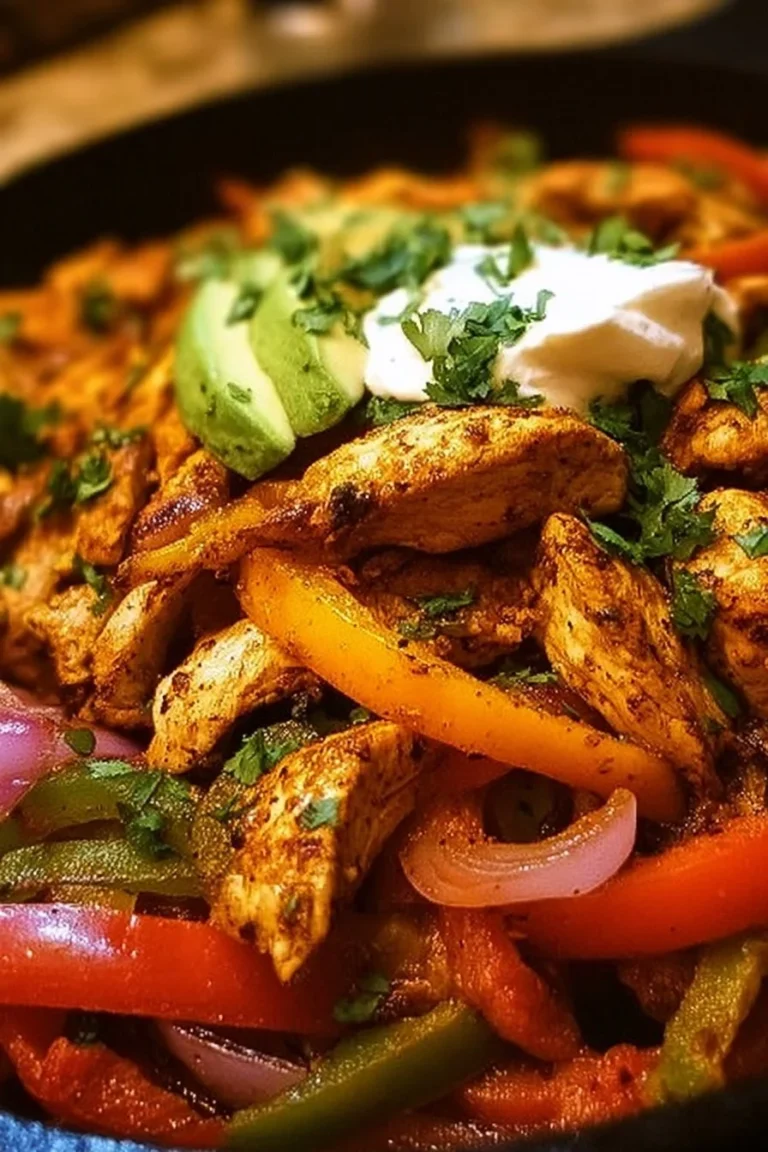 Delicious oven-baked chicken fajitas served on a plate with colorful veggies