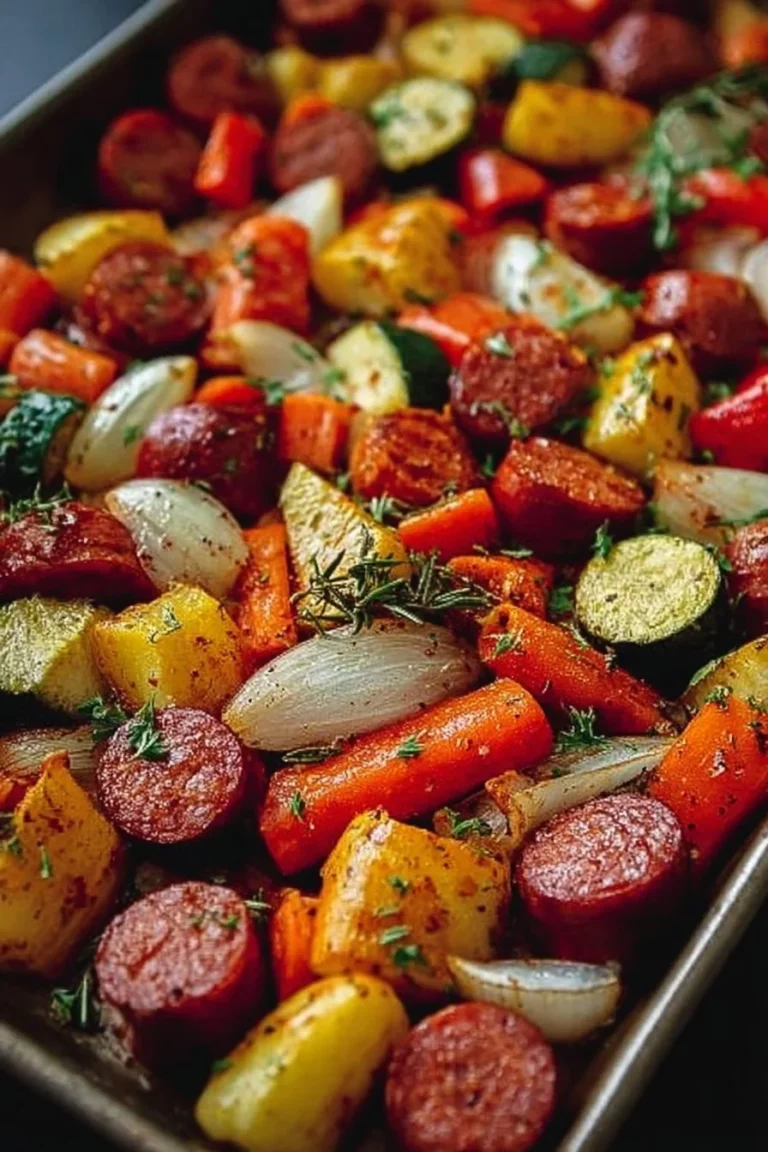 Easy savory kielbasa and veggie sheet pan meal for a quick dinner