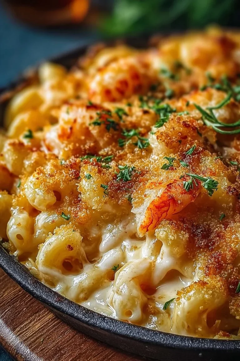 Extra creamy lobster mac and cheese in a white bowl topped with breadcrumbs
