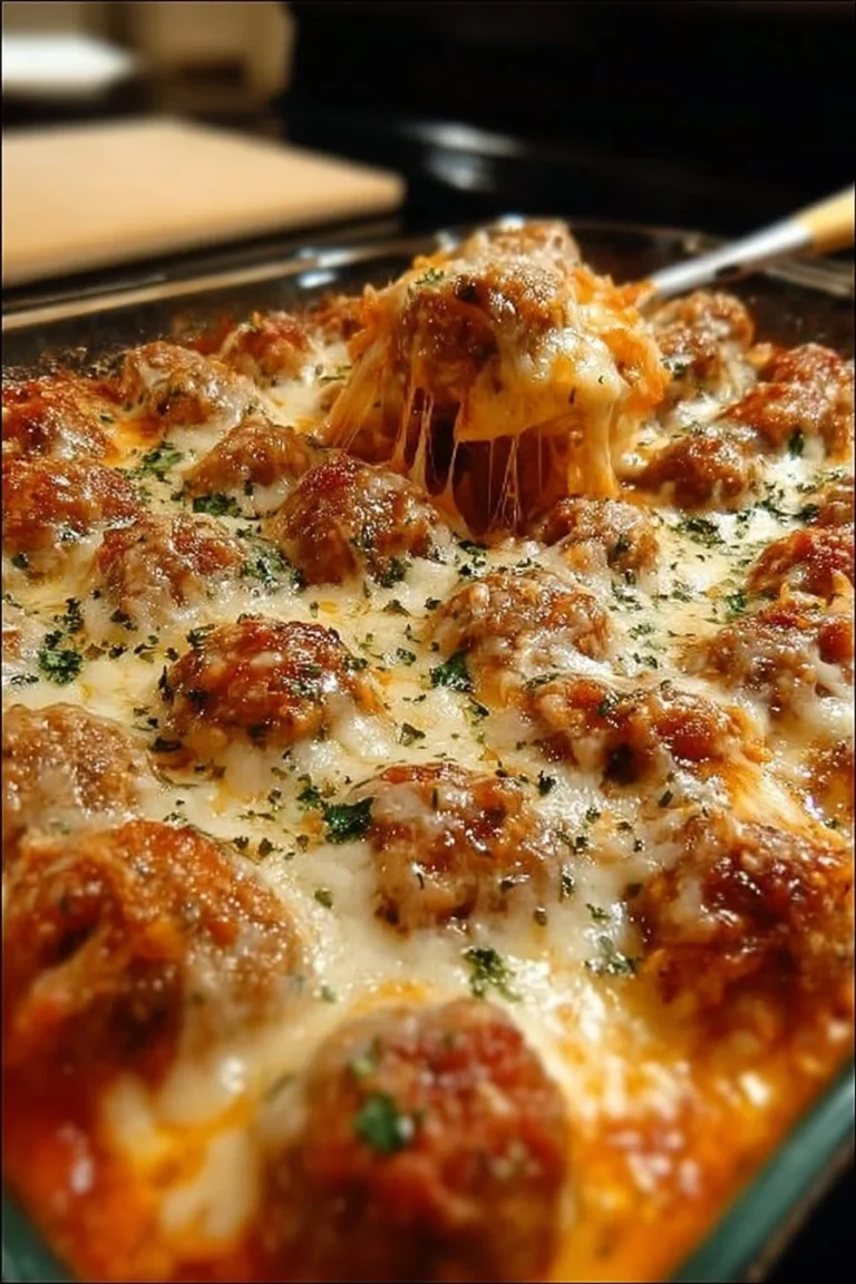 Delicious meatball casserole served in a baking dish with melted cheese on top.