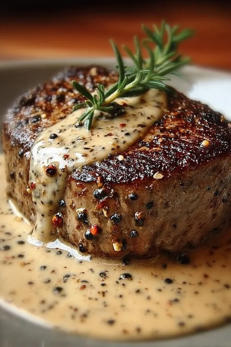Delicious filet mignon steak served with creamy peppercorn sauce