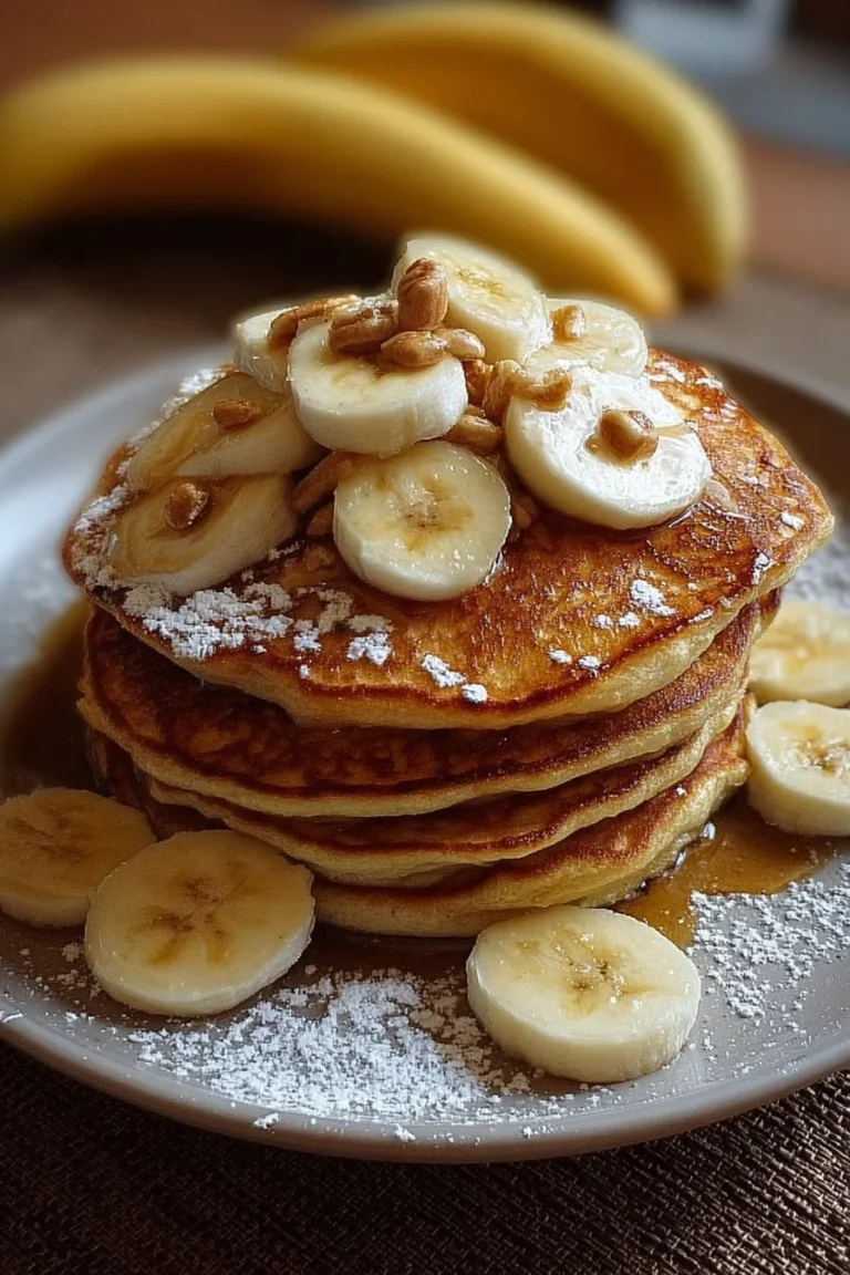Fluffy banana pancakes stacked on a plate with fresh bananas and syrup