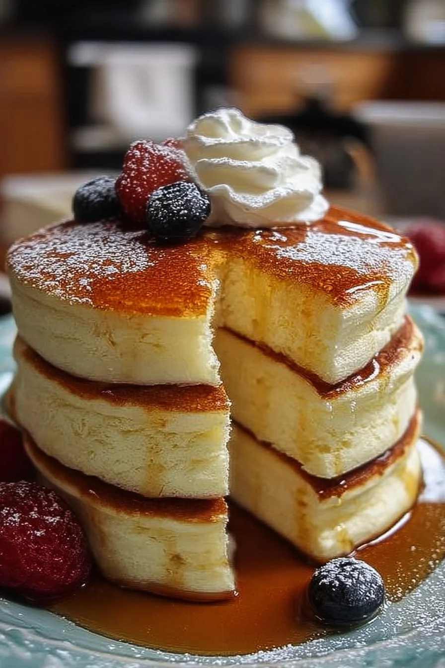 Fluffy Japanese pancakes stacked and drizzled with syrup.