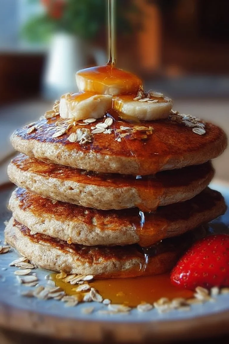 Stack of fluffy oatmeal pancakes topped with syrup and fruits