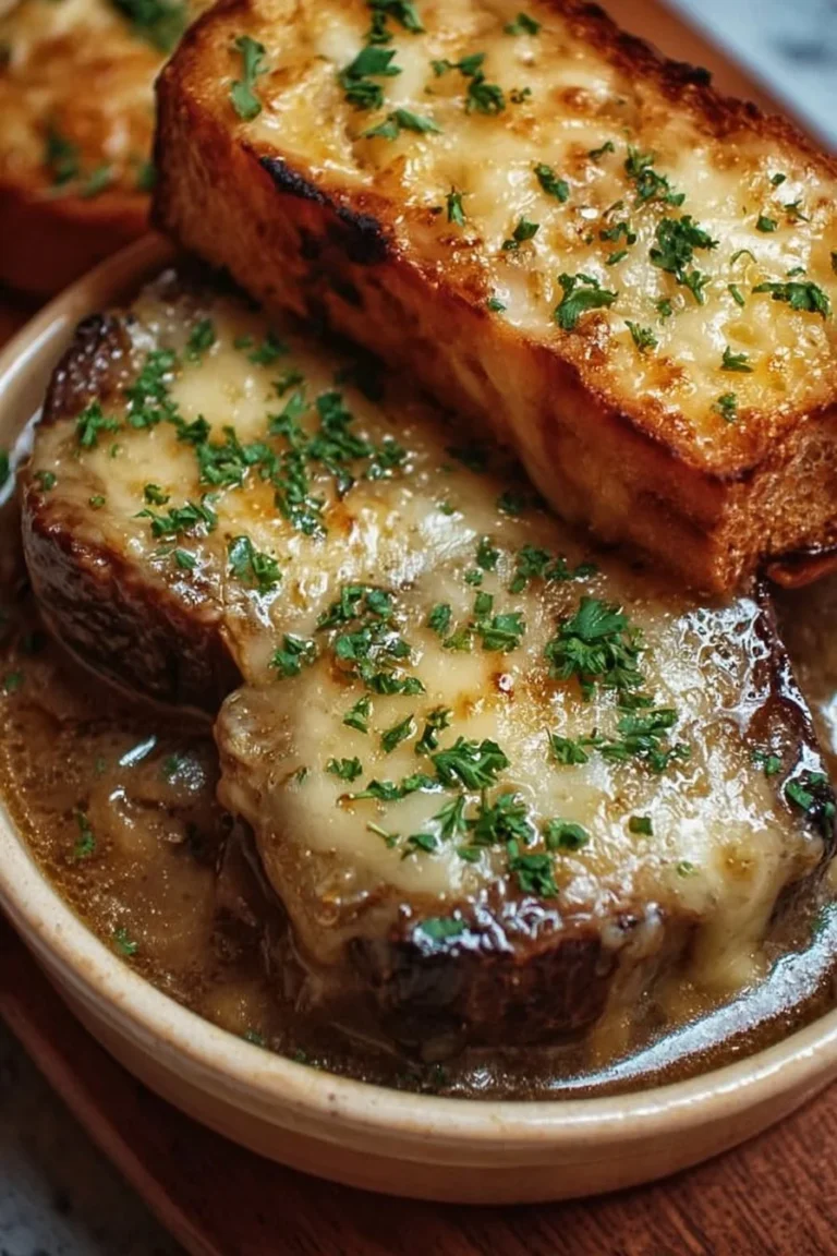 Bowl of French onion short rib soup topped with Gruyère cheese toast