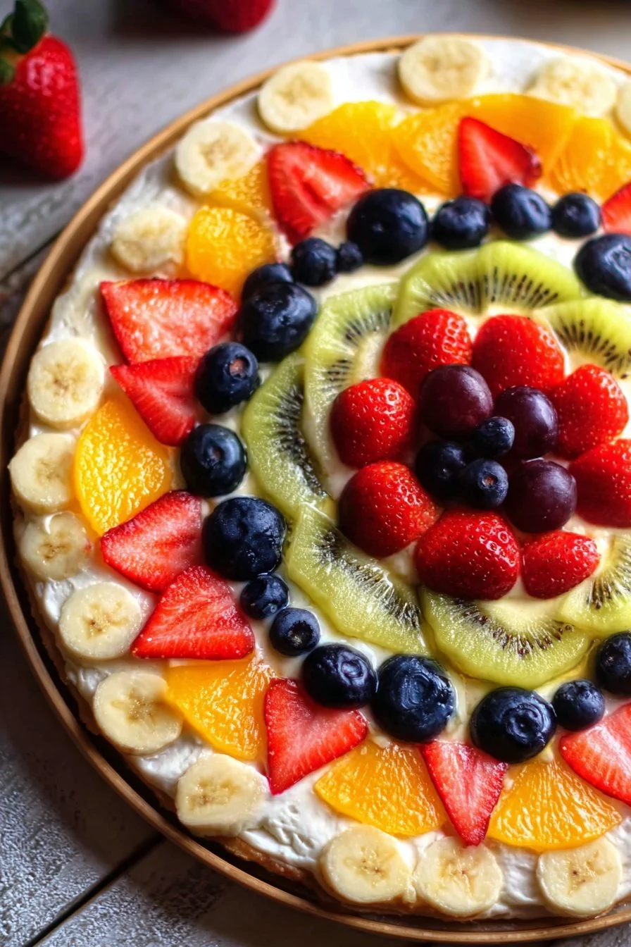 Delicious fruit pizza topped with fresh fruits and creamy frosting