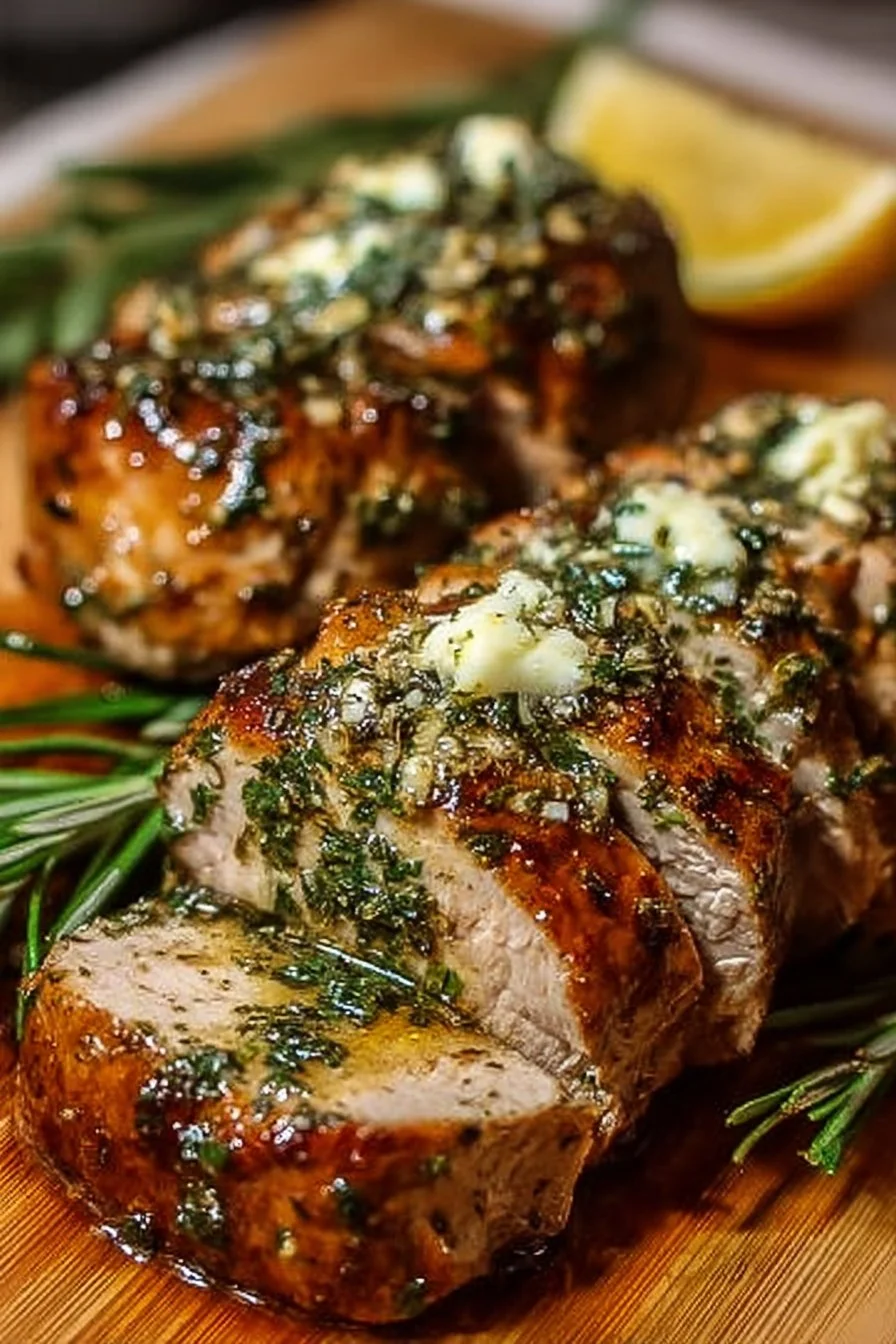 Juicy garlic butter turkey tenderloin on a plate, garnished with herbs.