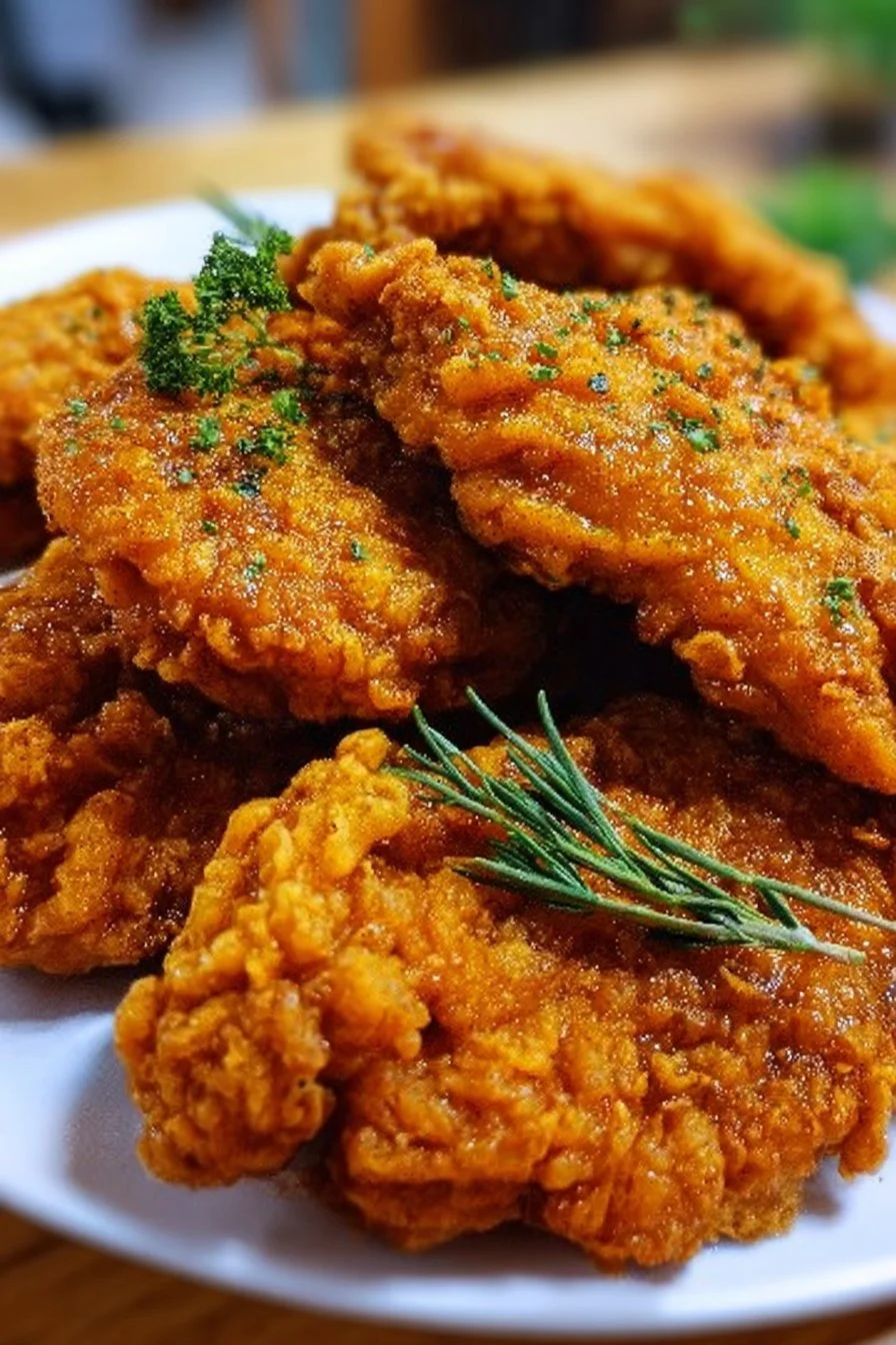Golden Crunchy Chicken Fried Chicken served on a plate with dipping sauce
