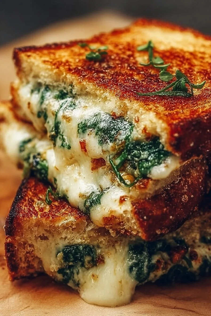 Gourmet Mediterranean grilled cheese with spinach on a plate
