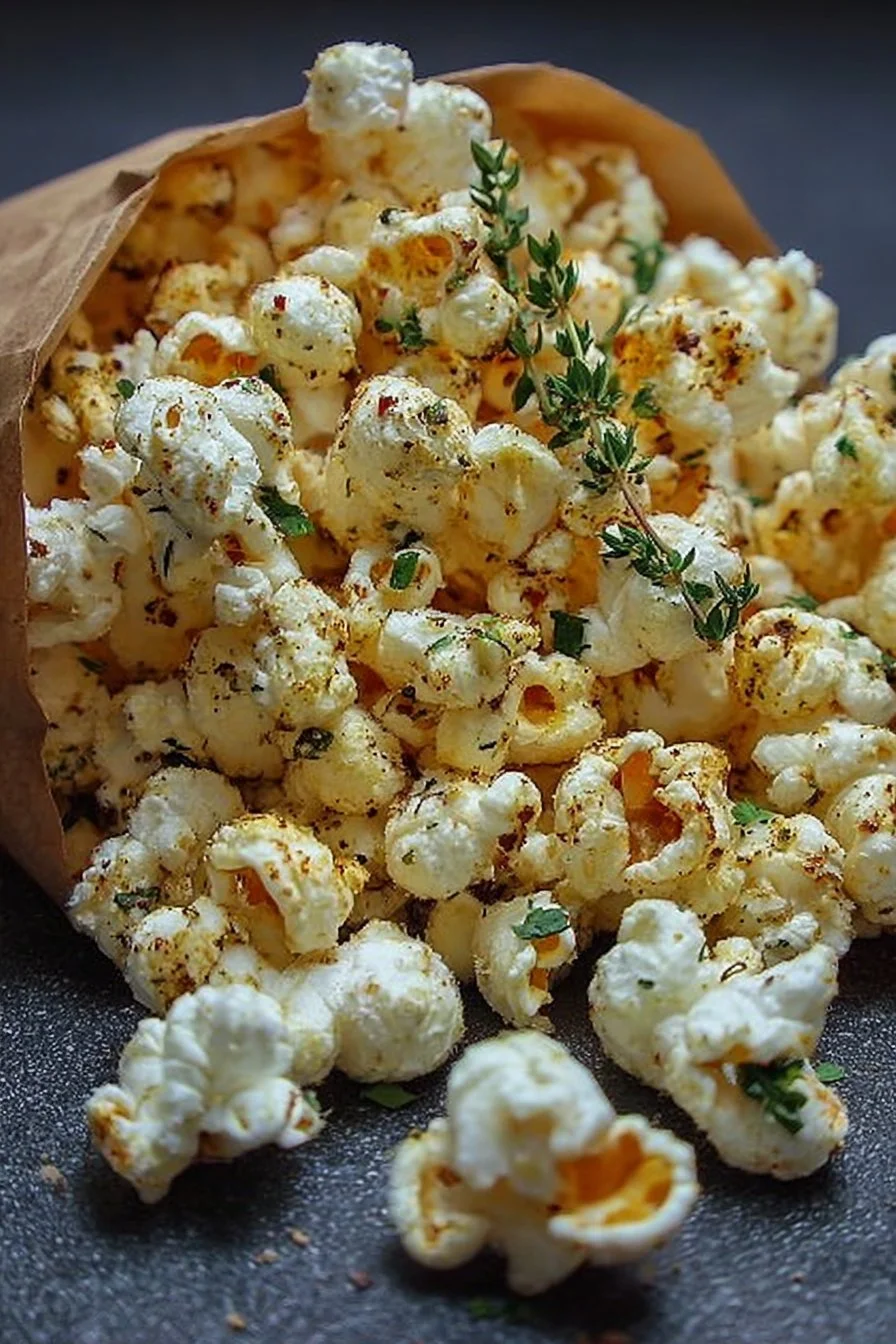 A bowl of gourmet savory herb butter popcorn topped with fresh herbs.