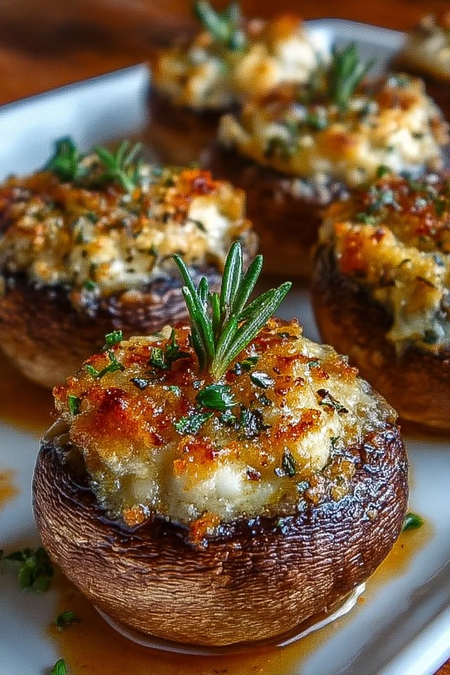 Gourmet stuffed mushrooms appetizer filled with herbs and cheese