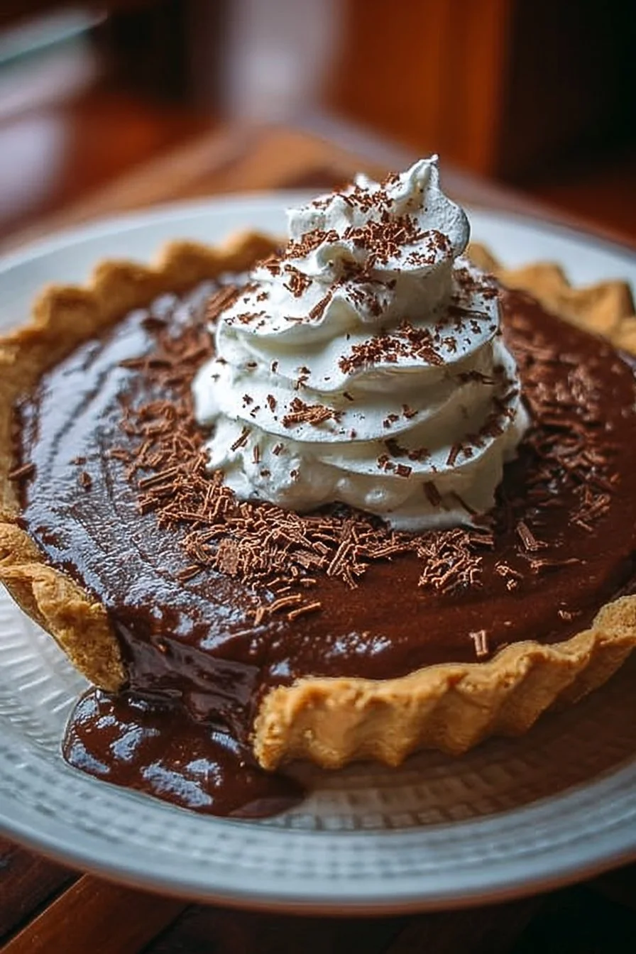 Delicious slice of Grandma's decadent chocolate pie topped with whipped cream