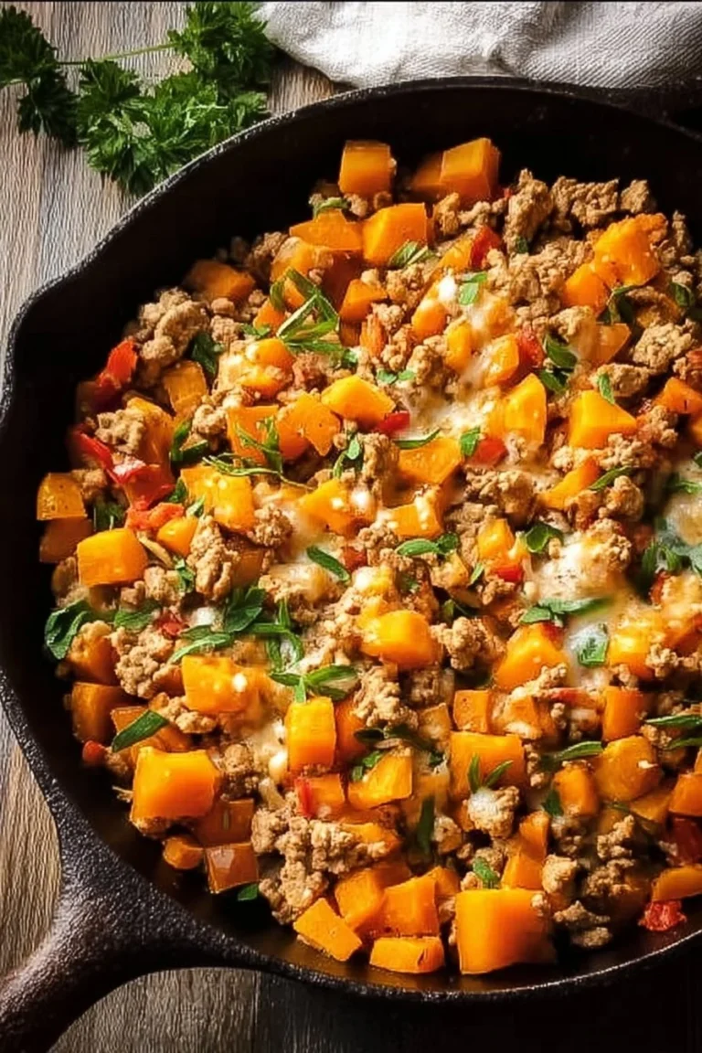 Ground Turkey Butternut Squash Skillet with vegetables in a frying pan