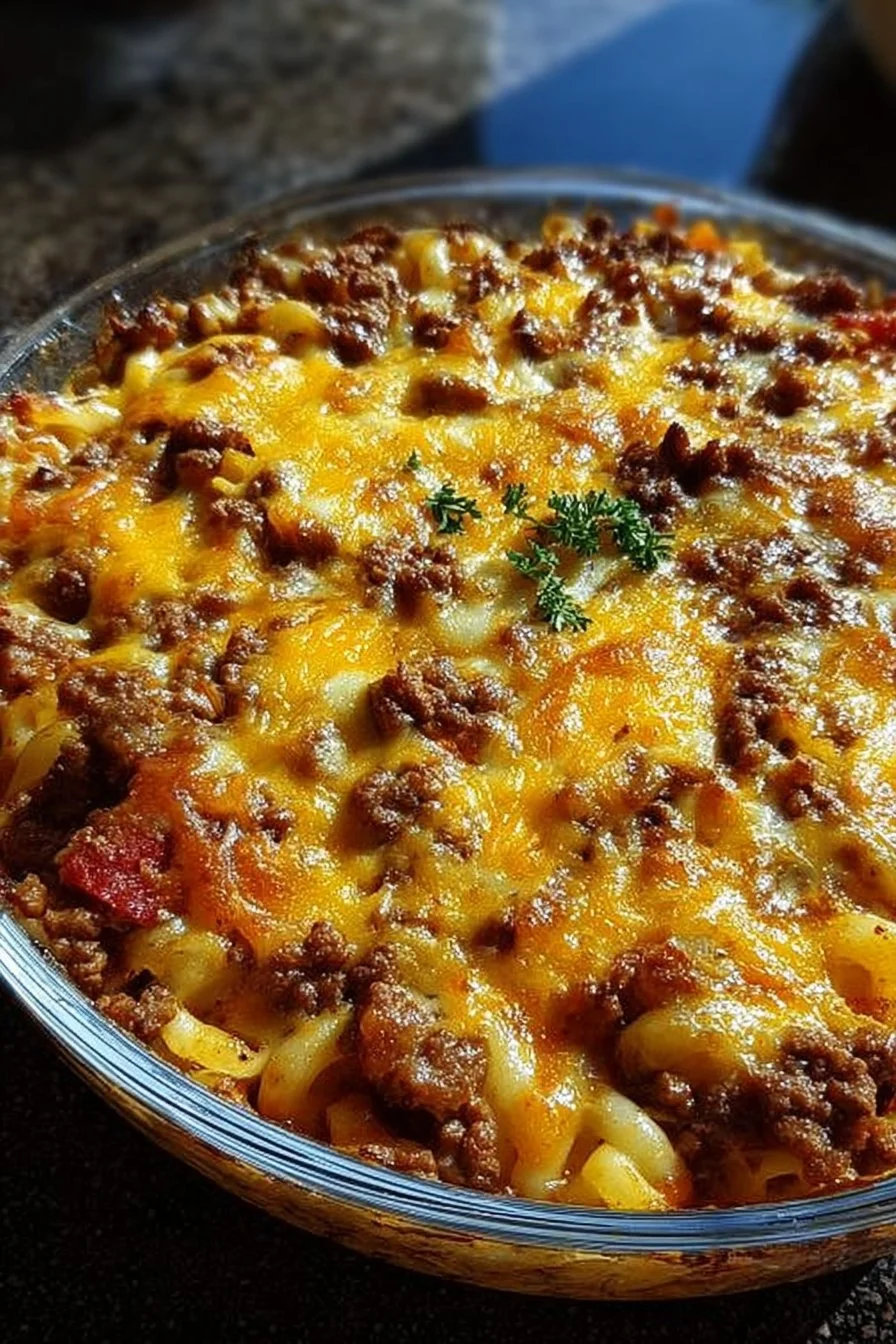Delicious Hamburger Supreme Casserole topped with melted cheese and veggies