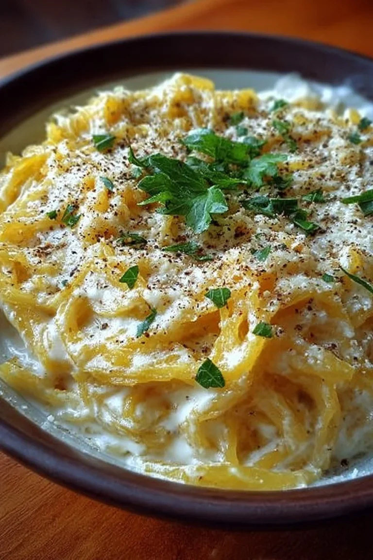 Delicious healthy creamy spaghetti squash alfredo dish topped with herbs