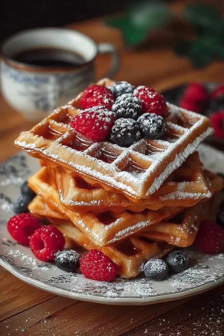 Fluffy, golden-brown buttermilk waffles topped with fresh berries and syrup.