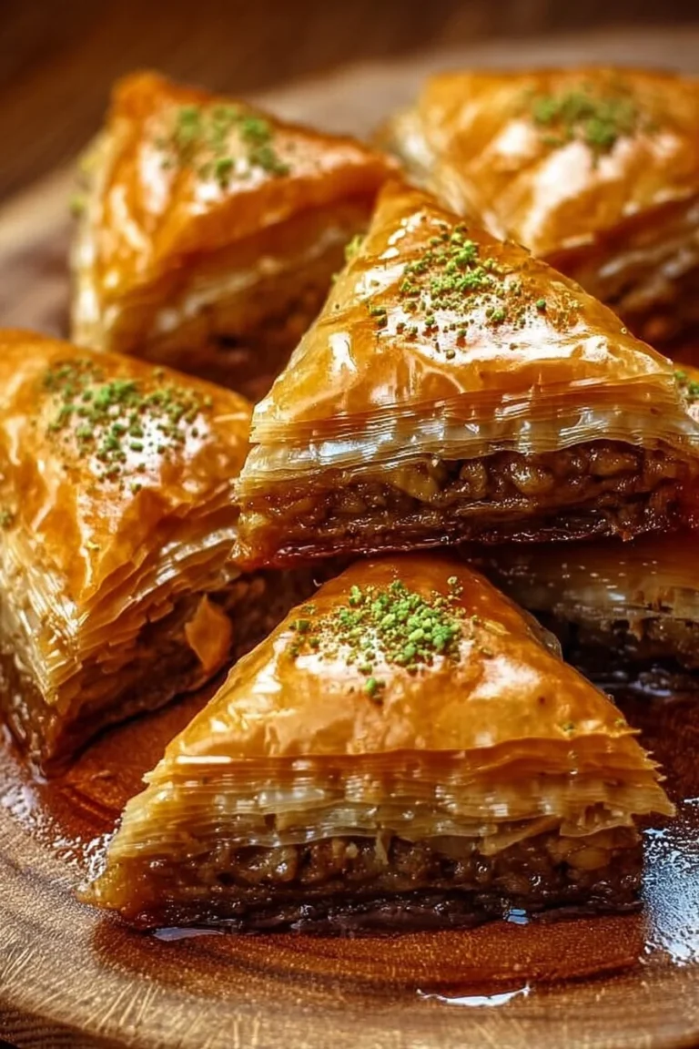 A plate of delicious, golden-brown Greek Baklava topped with crushed pistachios.