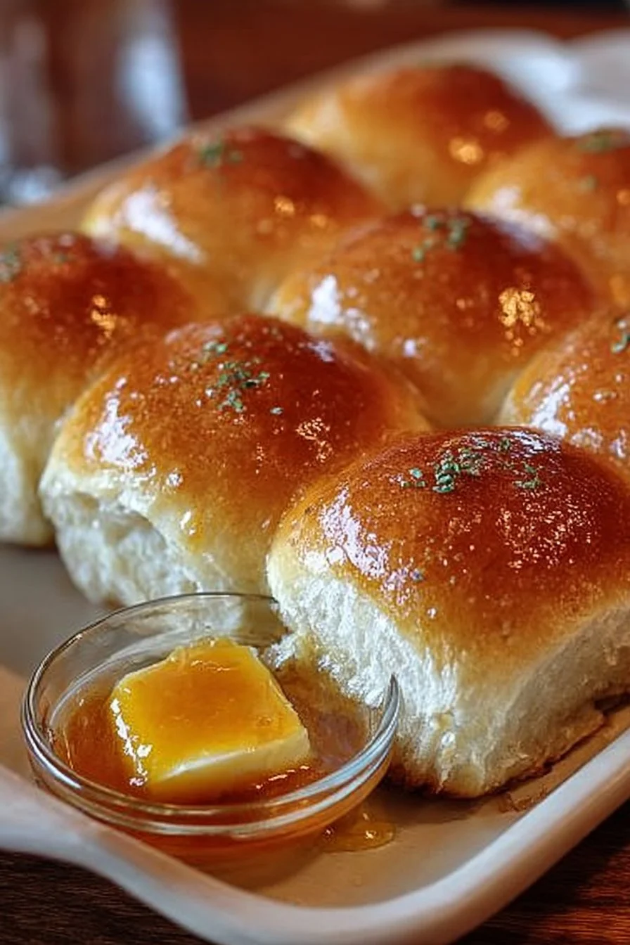 Homemade Texas Roadhouse Rolls served with sweet honey butter