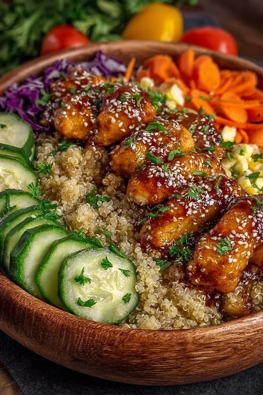 Honey Mustard Chicken Quinoa Power Bowl topped with fresh vegetables and herbs.