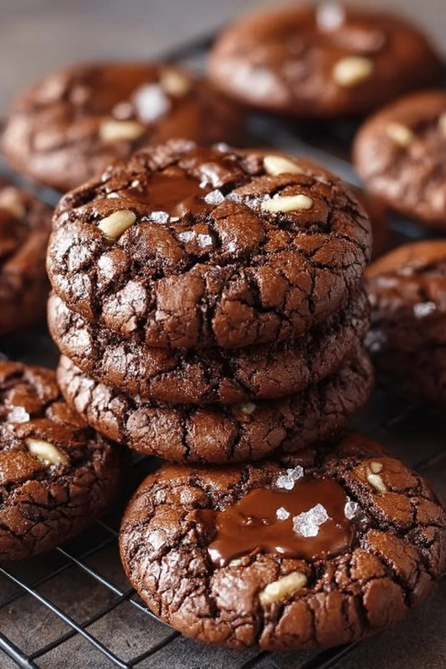 Delicious brownie mix cookies fresh out of the oven, drizzled with chocolate.