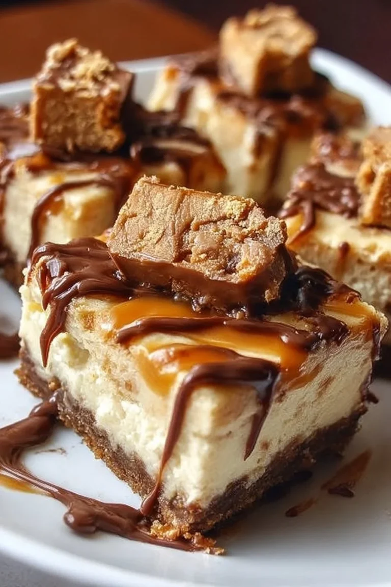 Delicious Reese's Butterfinger cheesecake bars topped with chocolate and peanut butter.