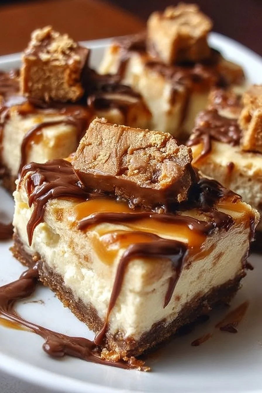 Delicious Reese's Butterfinger cheesecake bars topped with chocolate and peanut butter.