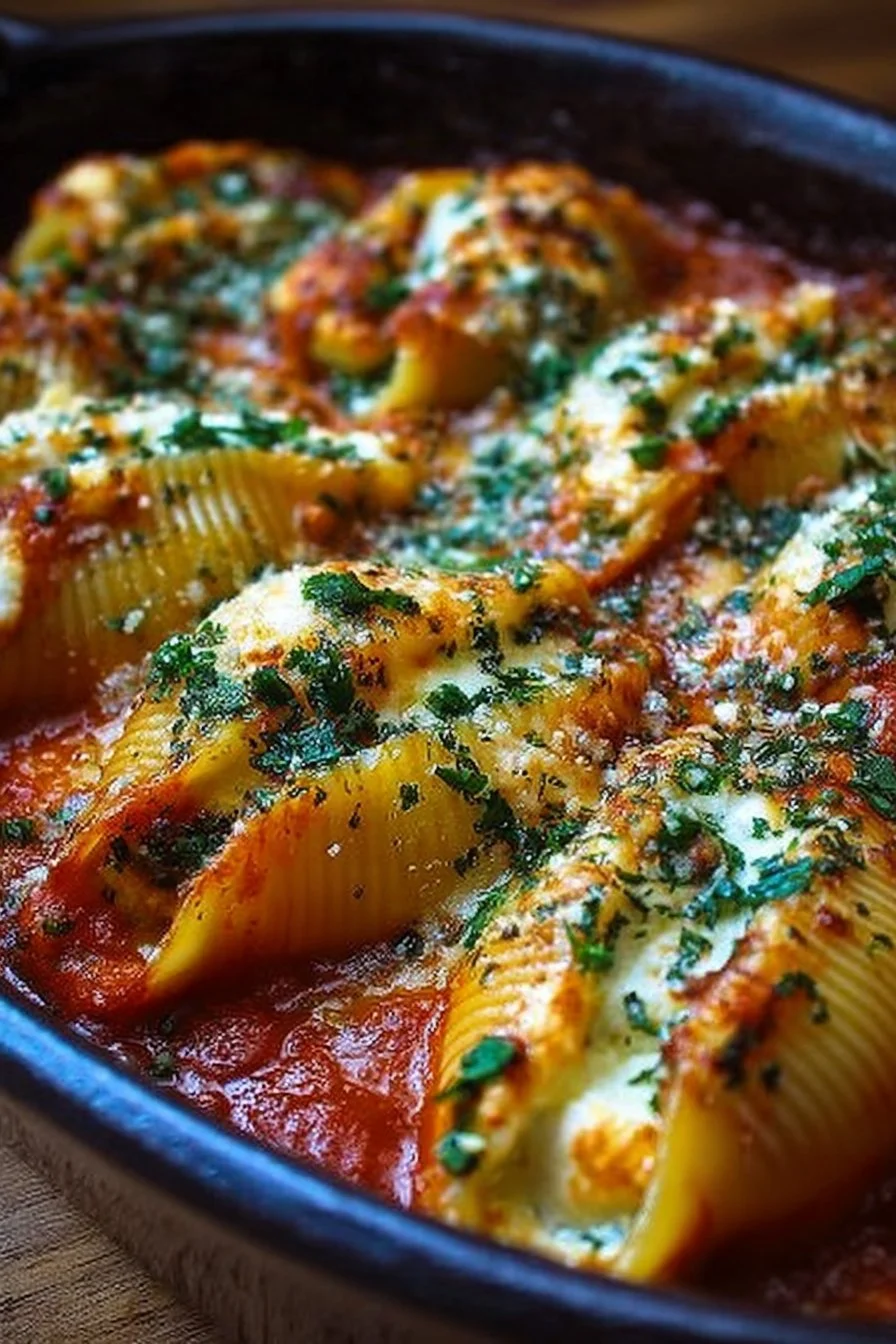 Delicious plate of ricotta stuffed shells topped with marinara sauce and cheese