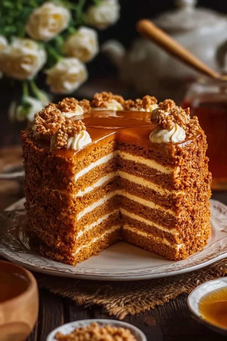Slice of irresistible Russian Honey Cake with creamy layers and honey drizzle