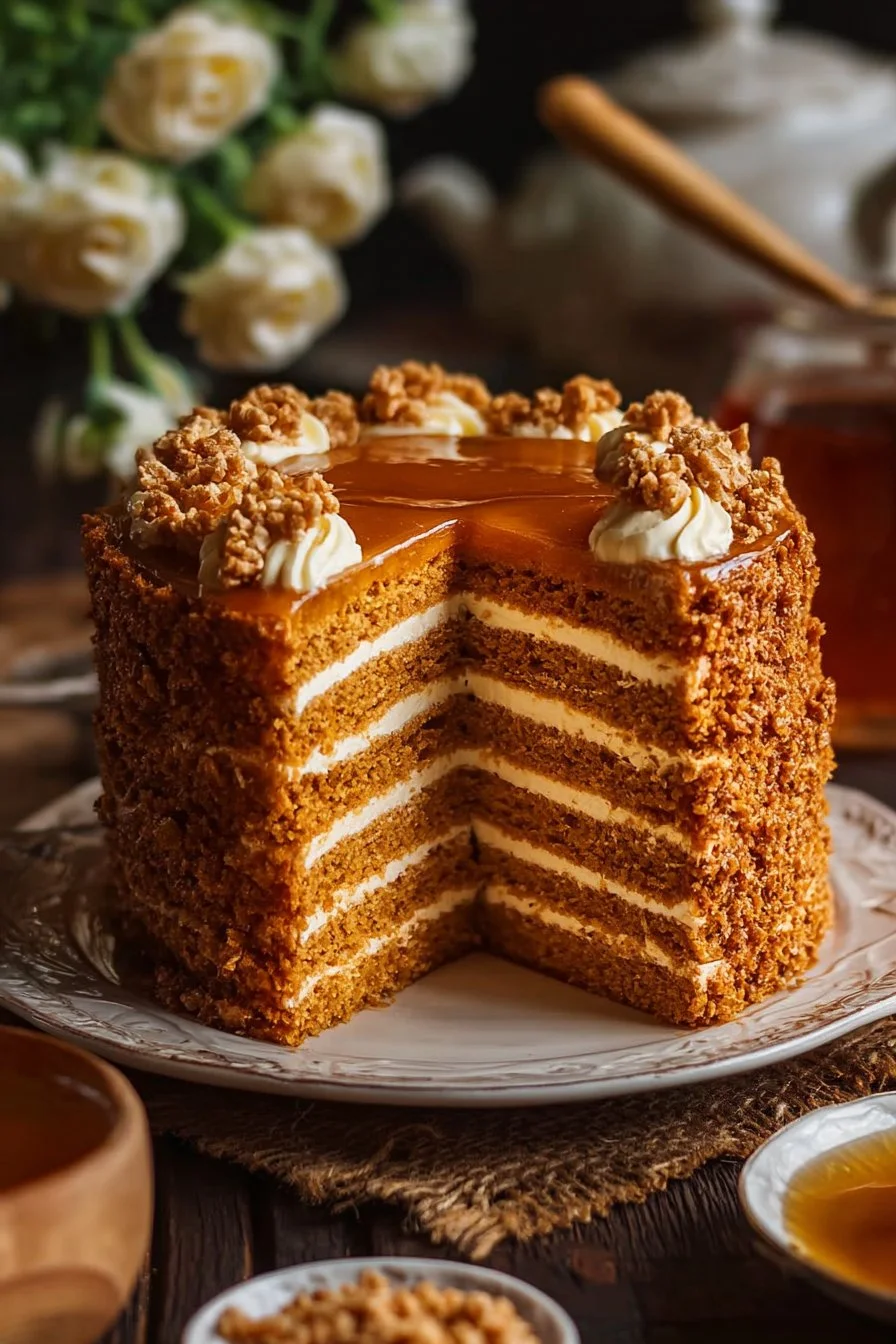 Slice of irresistible Russian Honey Cake with creamy layers and honey drizzle