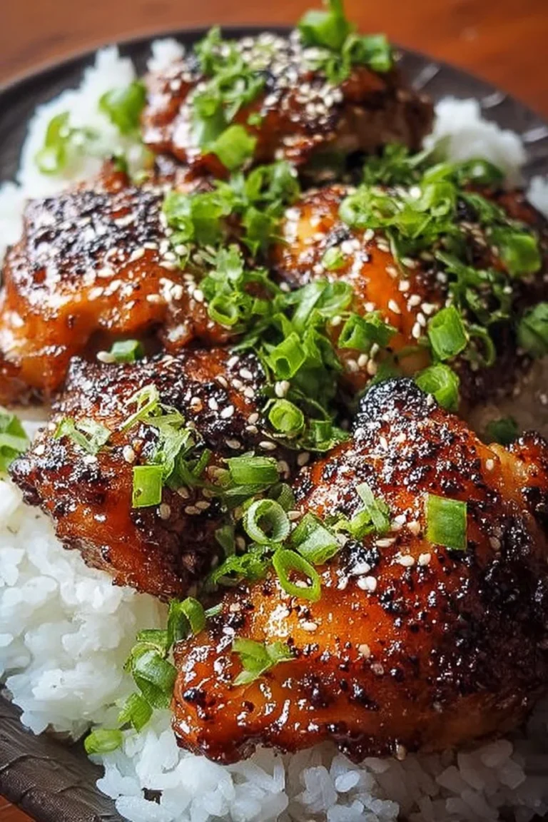 Plate of sticky ginger soy chicken thighs garnished with green onions