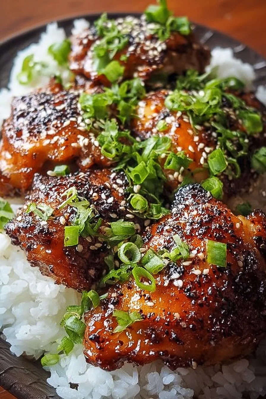 Plate of sticky ginger soy chicken thighs garnished with green onions