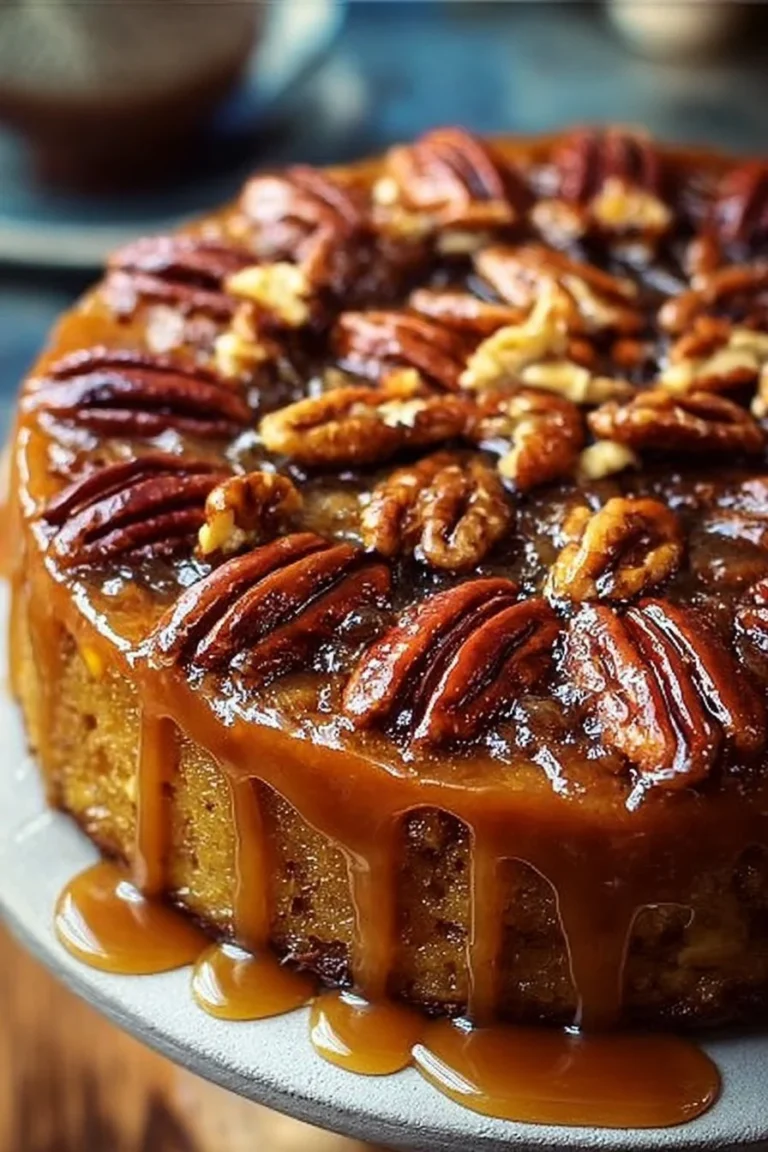 Upside-down caramel pecan cake with a glossy caramel topping and pecans.