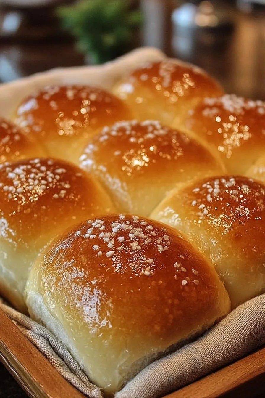 Soft and buttery homemade dinner rolls on a rustic table